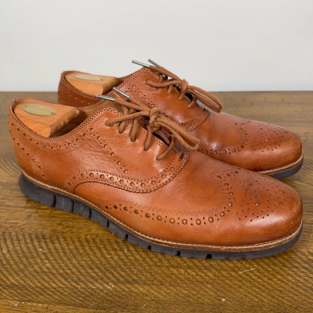 Cole Haan Shoes Men 11M Brown British Tan ZEROGRAND Wingtip Oxford Leather Dress